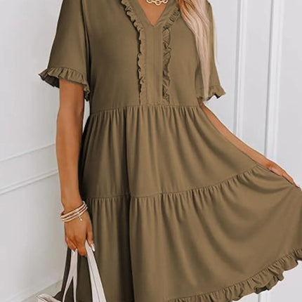 Tiered Notched Short Sleeve Mini Dress - Image 14