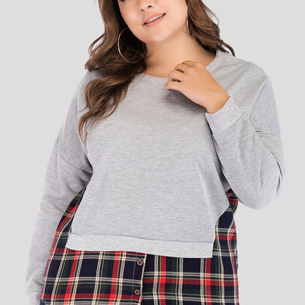 Full Size Plaid Patch Drop Shoulder Round Neck Top - Image 3