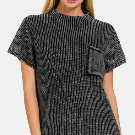 Zenana Pocketed Mock Neck Short Sleeve Sweater - Image 1