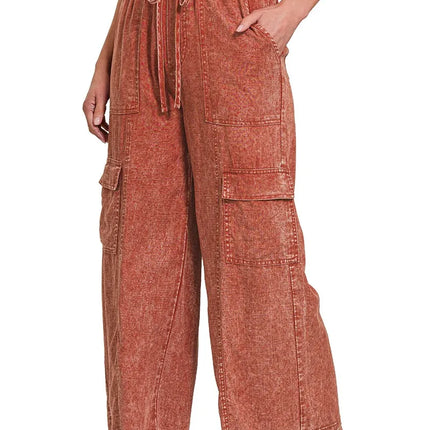 Zenana Washed Linen Elastic Band Waist Cargo Pants - Image 2