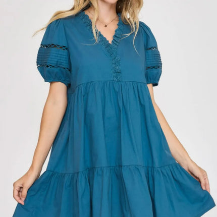 Umgee USA Full Size Lace Detail Puff Sleeve Mini Dress Plus Size - Image 1