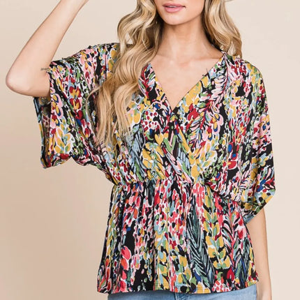 BOMBOM Printed Surplice Peplum Blouse - Image 1