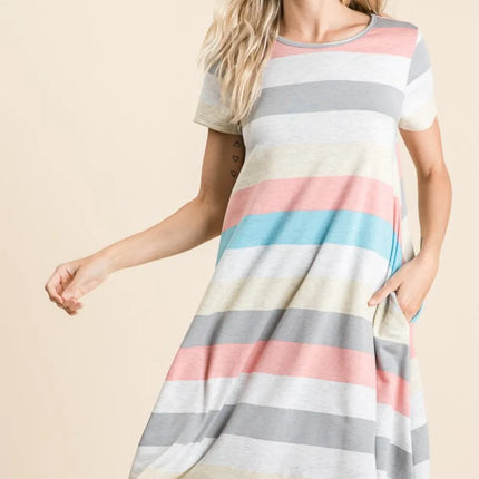 BOMBOM Striped Short Sleeve Dress with Pockets - Image 1
