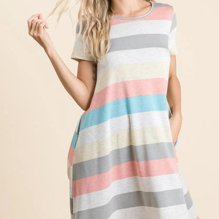 BOMBOM Striped Short Sleeve Dress with Pockets - Image 3