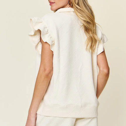 Double Take Full Size Texture Flounce Sleeve Top and Drawstring Shorts Set - Image 21