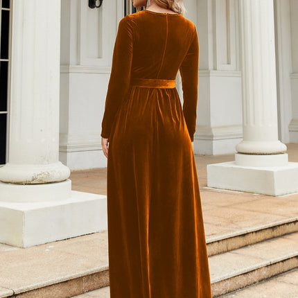 Tie Front Round Neck Long Sleeve Maxi Dress - Image 7