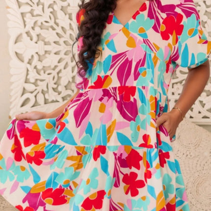 Floral Bubble Sleeve V Neck Tiered Ruffle Babydoll Dress - Image 1