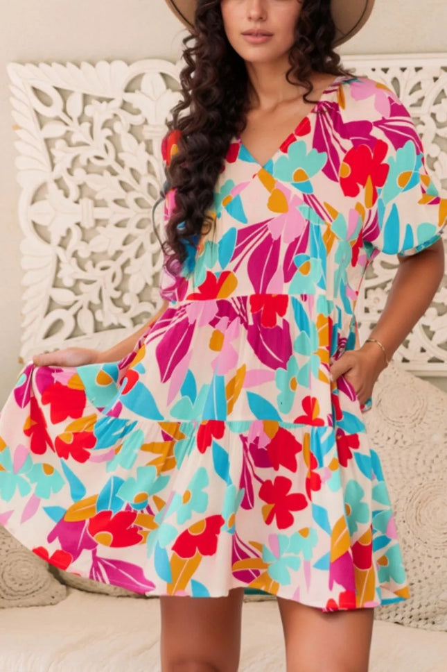 Floral Bubble Sleeve V Neck Tiered Ruffle Babydoll Dress