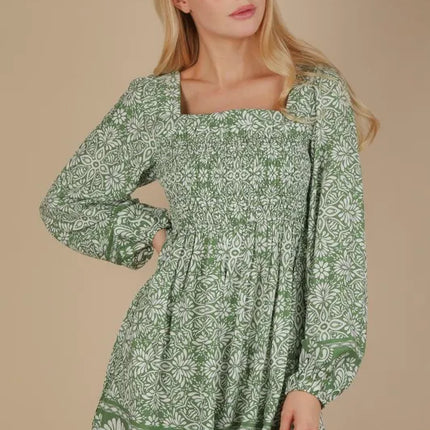 VERY J Printed Smocked Chest Boho Mini Dress - Image 1