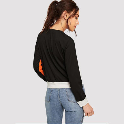 Shiny Color Block Round Neck Long Sleeve Tee - Image 2