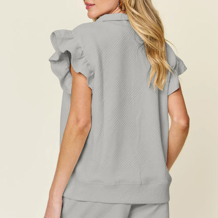 Double Take Full Size Texture Flounce Sleeve Top and Drawstring Shorts Set - Image 11