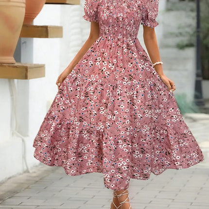 Floral Square Neck Short Sleeve Tiered Dress - Image 5