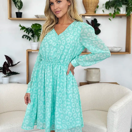 Double Take Full Size Printed Ruched V-Neck Long Sleeve Dress - Image 18