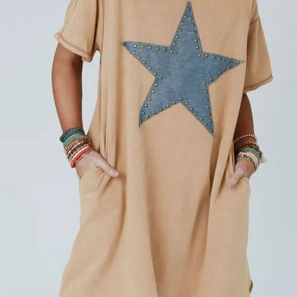 Mineral Wash Stud Beaded Star Pocketed T Shirt Dress - Image 3