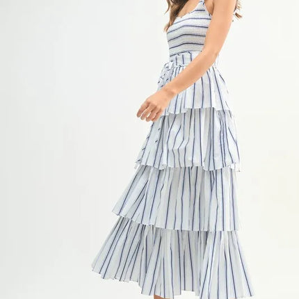 MABLE Pin Stripe Smocked Bodice Layered Midi Dress - Image 3