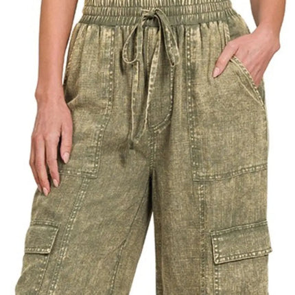 Zenana Washed Linen Elastic Band Waist Cargo Pants - Image 2
