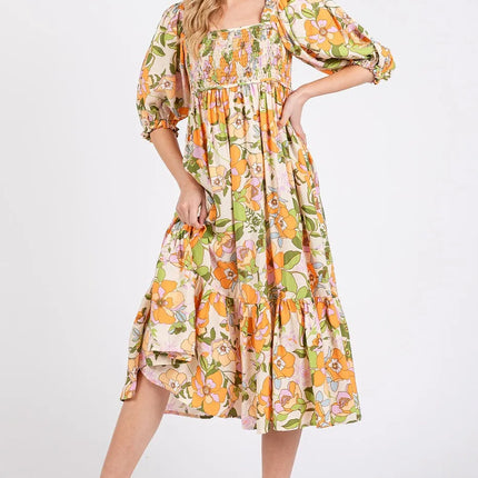 Mittoshop Flower Print Puff Sleeve Ruffle Smocked Midi Dress - Image 1