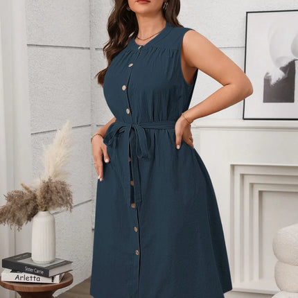Plus Size Button Front Tie Waist Sleeveless Dress - Image 6