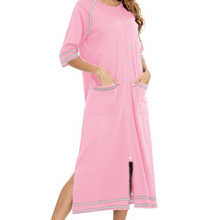 Zip Up Slit Round Neck Night Dress with Pockets - Image 8