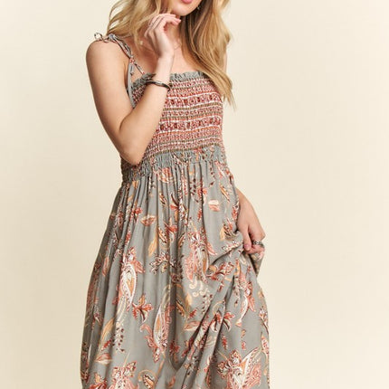 ADORA Smocked Printed Square Neck Tie Shoulder Cami Dress - Image 5