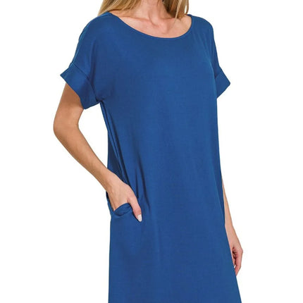 Zenana Rolled Short Sleeve Round Neck Dress - Image 1