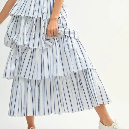 MABLE Pin Stripe Smocked Bodice Layered Midi Dress - Image 7
