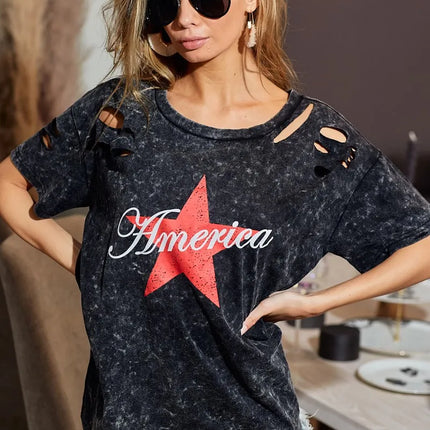 BiBi Laser Cut Mineral Washed Jersey Top with  America - Image 9