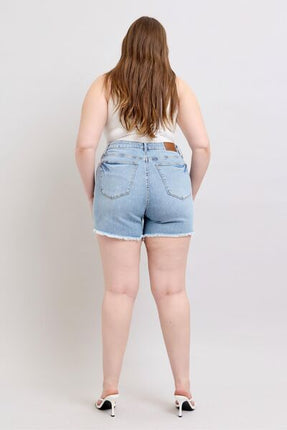 Judy Blue Full Size Tummy Control Raw Hem Denim Shorts Plus Size - Image 15