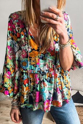 Floral Tie Neck Balloon Sleeve Blouse - Image 1