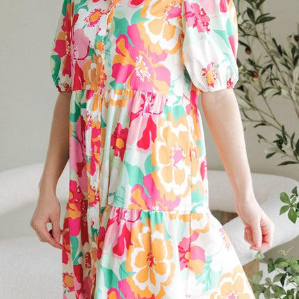 Button Down Floral Puff Sleeve Babydoll Dress - Image 3