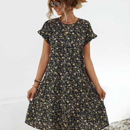 Frill Floral Round Neck Short Sleeve Tiered Dress - Image 3