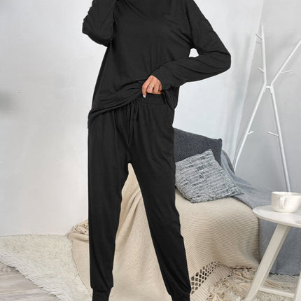 Shiny Round Neck Top and Drawstring Pants Lounge Set - Image 1