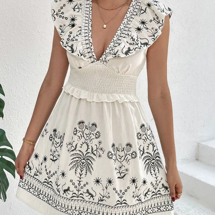 Smocked Ruffled Cap Sleeve Mini Dress - Image 1