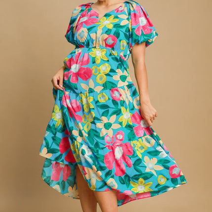 Umgee Full Size Tiered Floral Print Notched Puff Sleeve Midi Dress Plus Size - Image 4