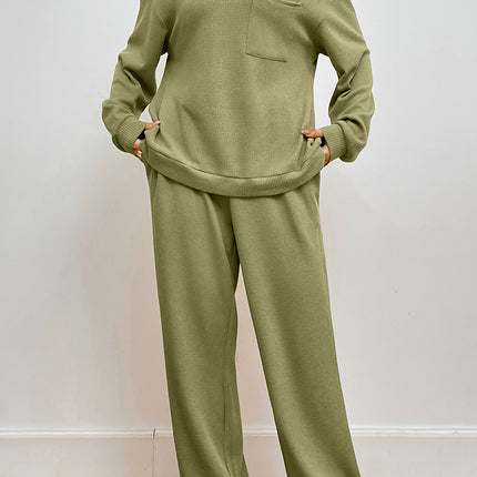 Pocketed Round Neck Top and Pants Lounge Set - Image 3