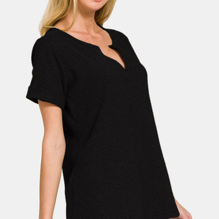 Zenana Notched Short Sleeve Waffle T-Shirt - Image 3
