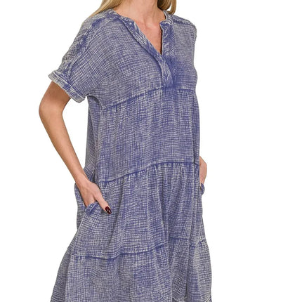 Zenana Washed Double Gauze Raw Edge V-neck Dress - Image 2