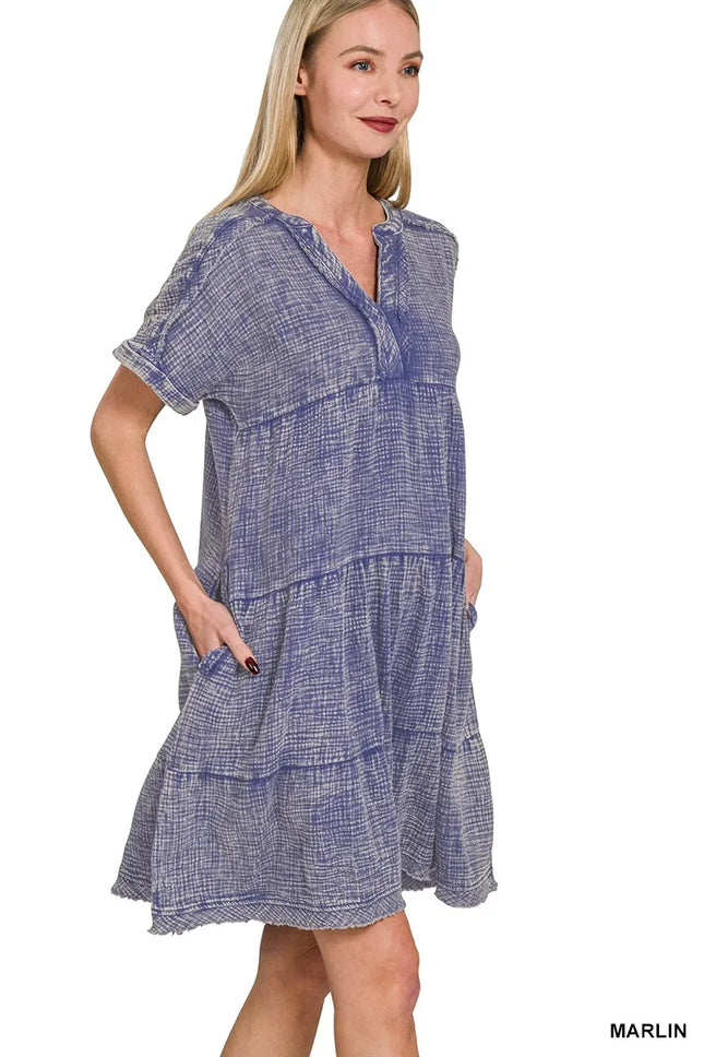 Zenana Washed Double Gauze Raw Edge V-neck Dress