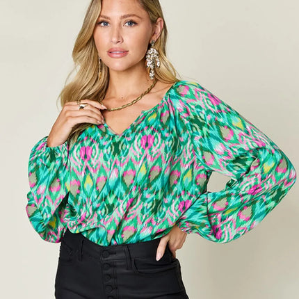 Double Take Full Size Printed Balloon Sleeve Blouse - Image 22