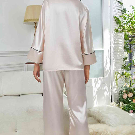 Contrast Piping Button-Up Top and Pants Pajama Set - Image 13