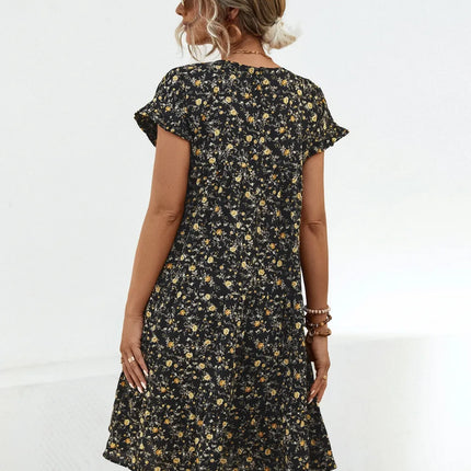 Frill Floral Round Neck Short Sleeve Tiered Dress - Image 2