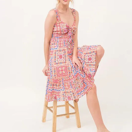 And The Why Tied Front Smocked Back Tiered Boho Printed Dress - Image 4