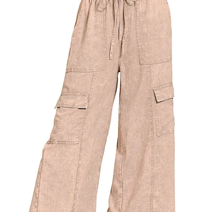 Zenana Washed Linen Elastic Band Waist Cargo Pants - Image 1