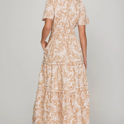 She + Sky Printed Notched Woven Tiered Pintuck Maxi Dress with Side Pockets - Image 2