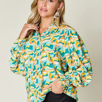 Double Take Full Size Printed Smocked Long Sleeve Blouse - Image 1