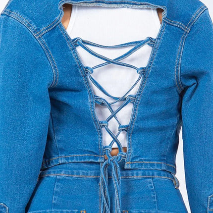 American Bazi Laced Back Cropped Denim Jacket - Image 3