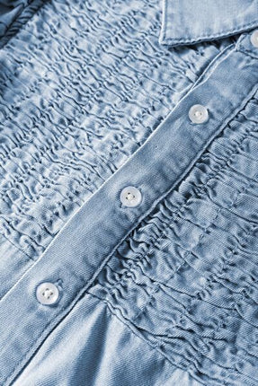 Smocked Collared Neck Cap Sleeve Denim Dress - Image 11