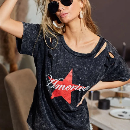 BiBi Laser Cut Mineral Washed Jersey Top with  America - Image 3