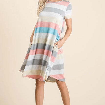 BOMBOM Striped Short Sleeve Dress with Pockets - Image 5