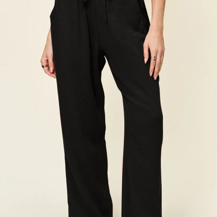 Double Take Full Size Texture Drawstring Straight Pants - Image 1